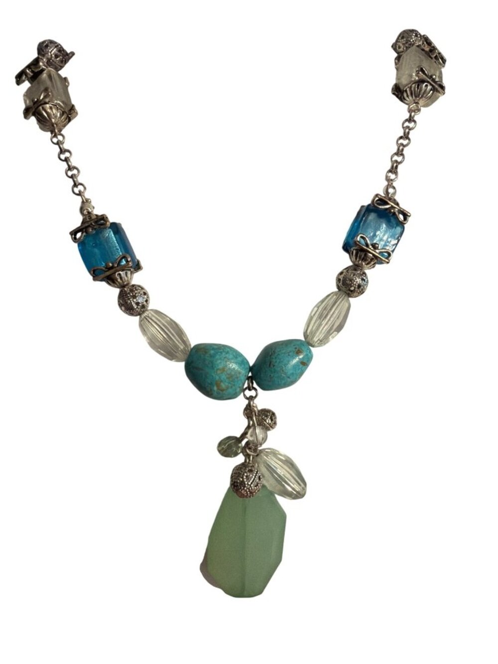 Vintage Avon Silver Tone Beaded Necklace Blue Green Pendant Retro 16" Estate